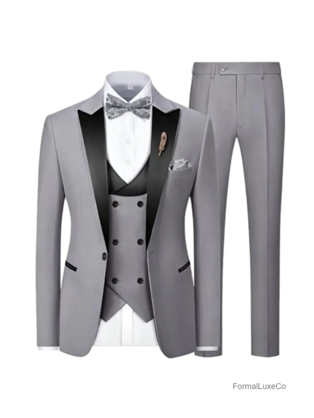Men's 3-Piece Slim Fit Tuxedo Set with Peak Lapel, Double Breasted Vest, & Bow